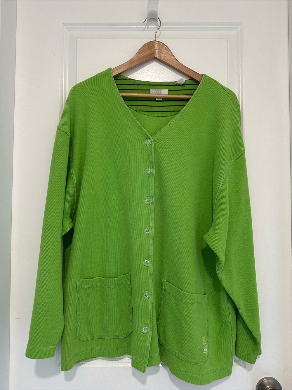 Esprit Lime Green V-Neck Button Front Cardigan 100% Cotton Oversized Relaxed